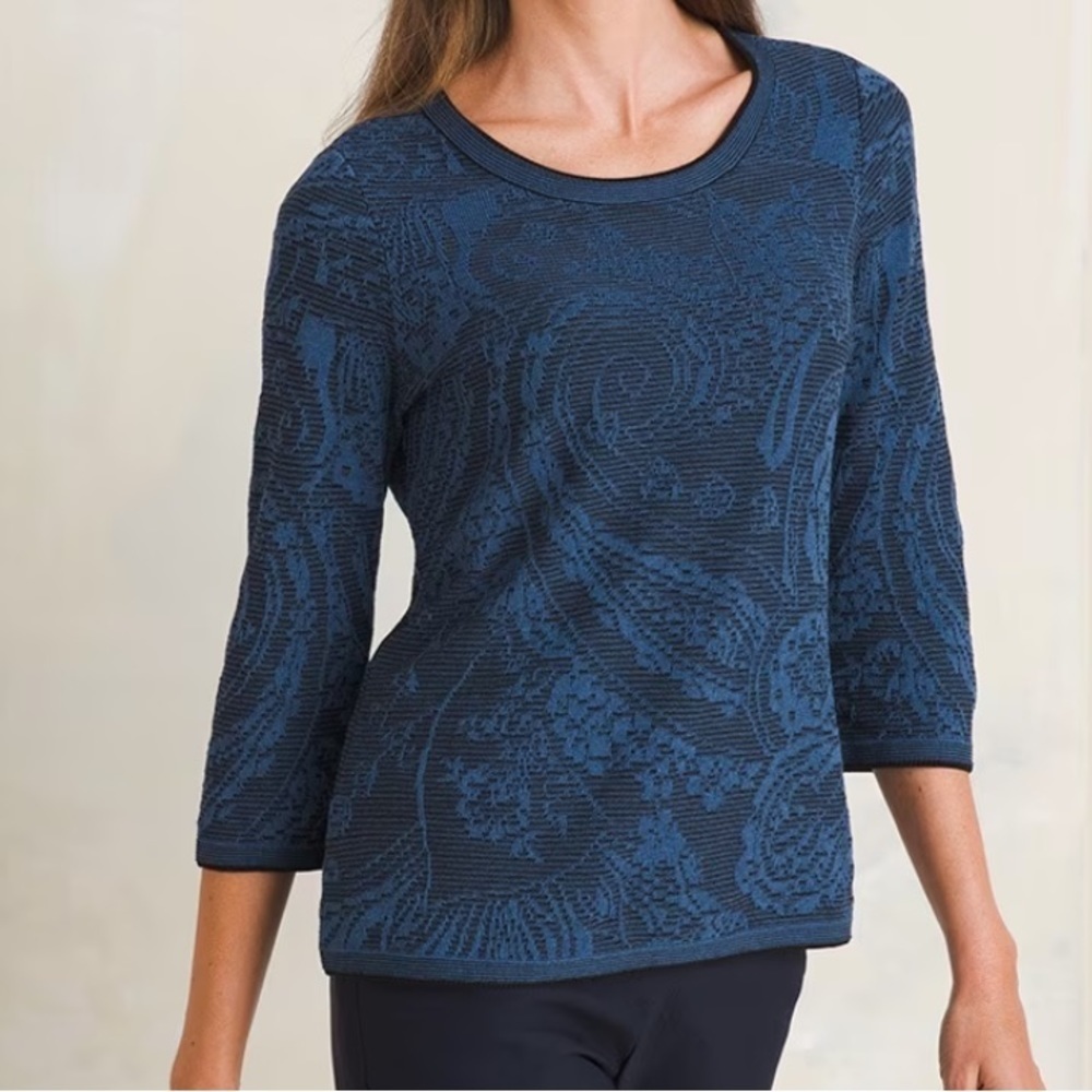 Chico’s Blue & Black Paisley Jacquard Pullover 3/4 Sleeve Sweater Size Medium